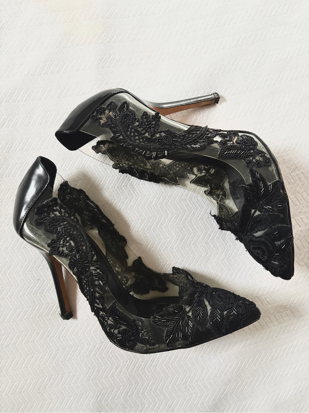 Oscar de la Renta Black Beaded Lace Evening Pump